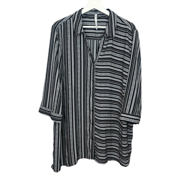 NY Collection Plus Size 3X Black White Striped Button Down Tunic Blouse Work - Picture 1 of 10